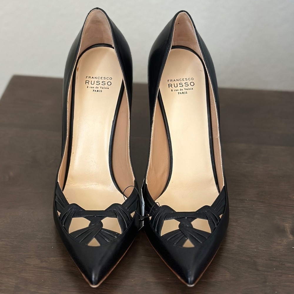 Francesco Russo Black Leather Pointed Toe CutOut Stiletto‎ Heel Pump Paris 38
